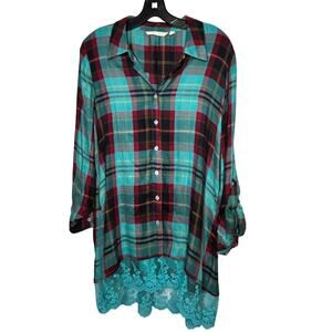Soft Surroundings Adeline Button Up Plaid Lace Trim Tunic Top Size Medium